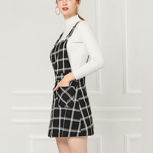 Allegra K L Dark Navy Tartan Plaid A-Line Pinafore Overall Dress - Picture 17 of 17